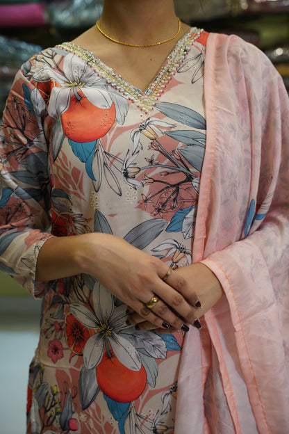 Peach Floral-Printed pakistani styled Lawn Suit set