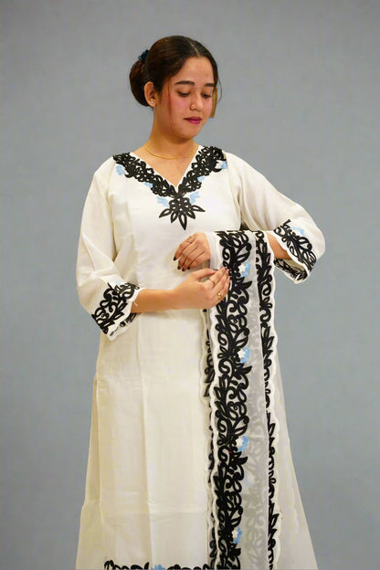 White Embroidered Suit set with Black Floral Design