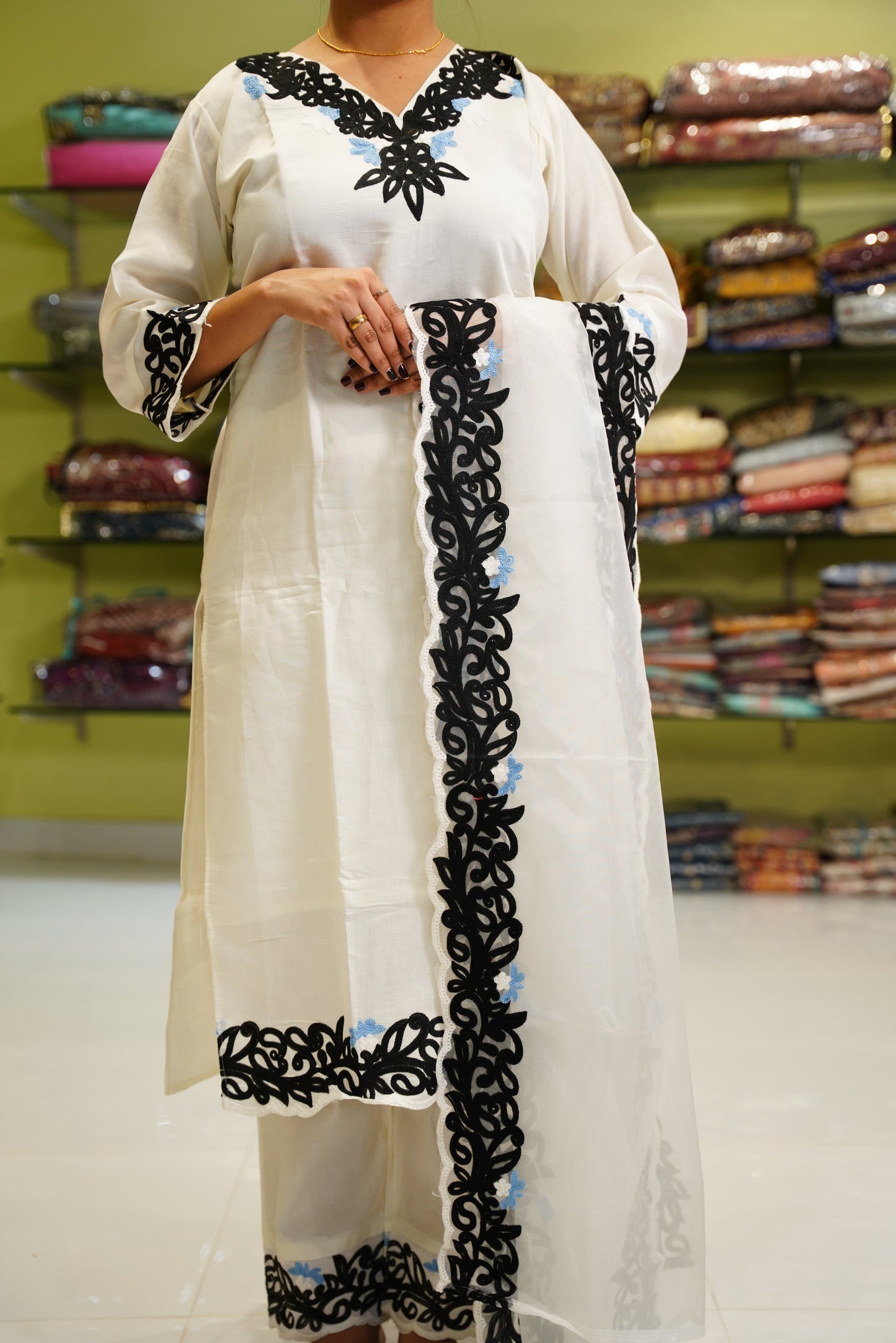 White Embroidered Suit set with Black Floral Design