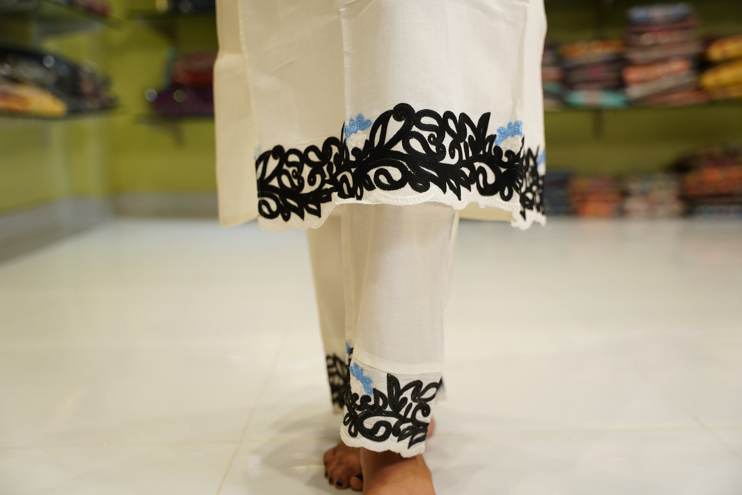 White Embroidered Suit set with Black Floral Design