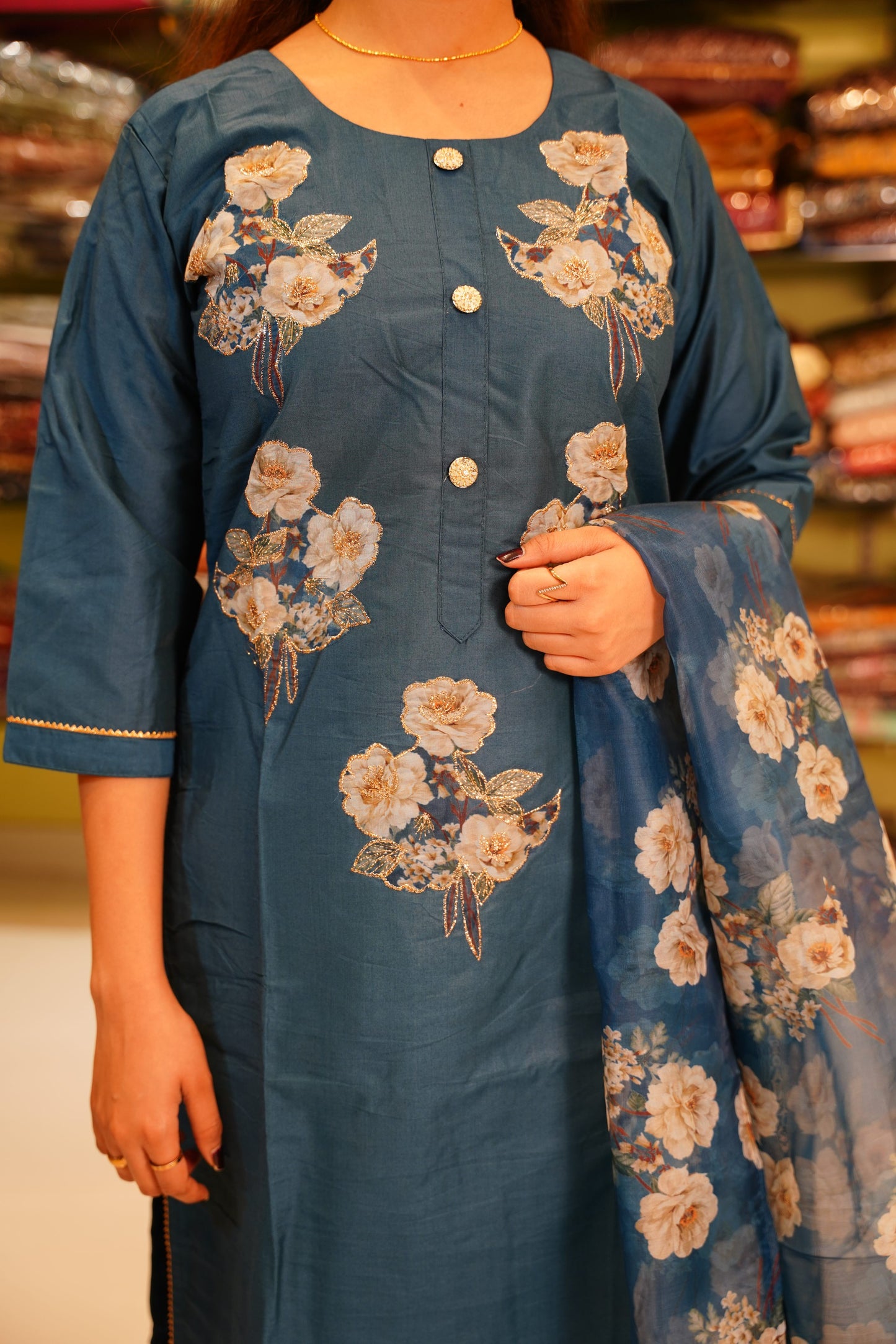 Elegant blue floral digital print suit set