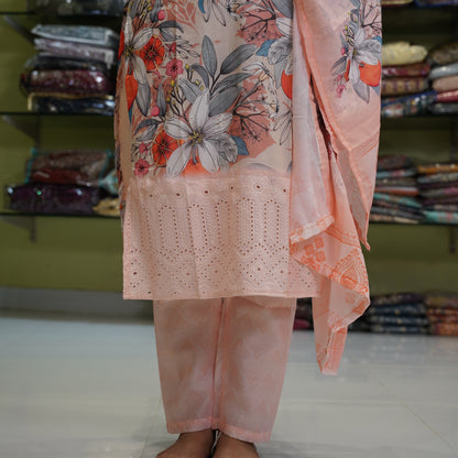 Peach Floral-Printed pakistani styled Lawn Suit set